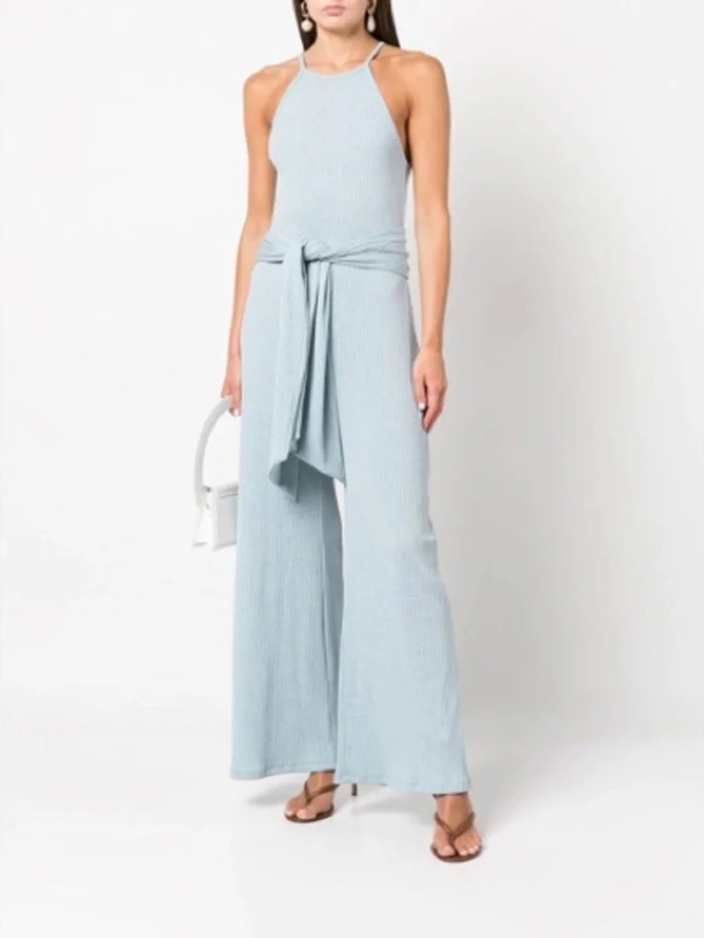 Jonathan Simkhai Light Blue Ribbed Halter Jumpsuit with Tie Waist, XS-S